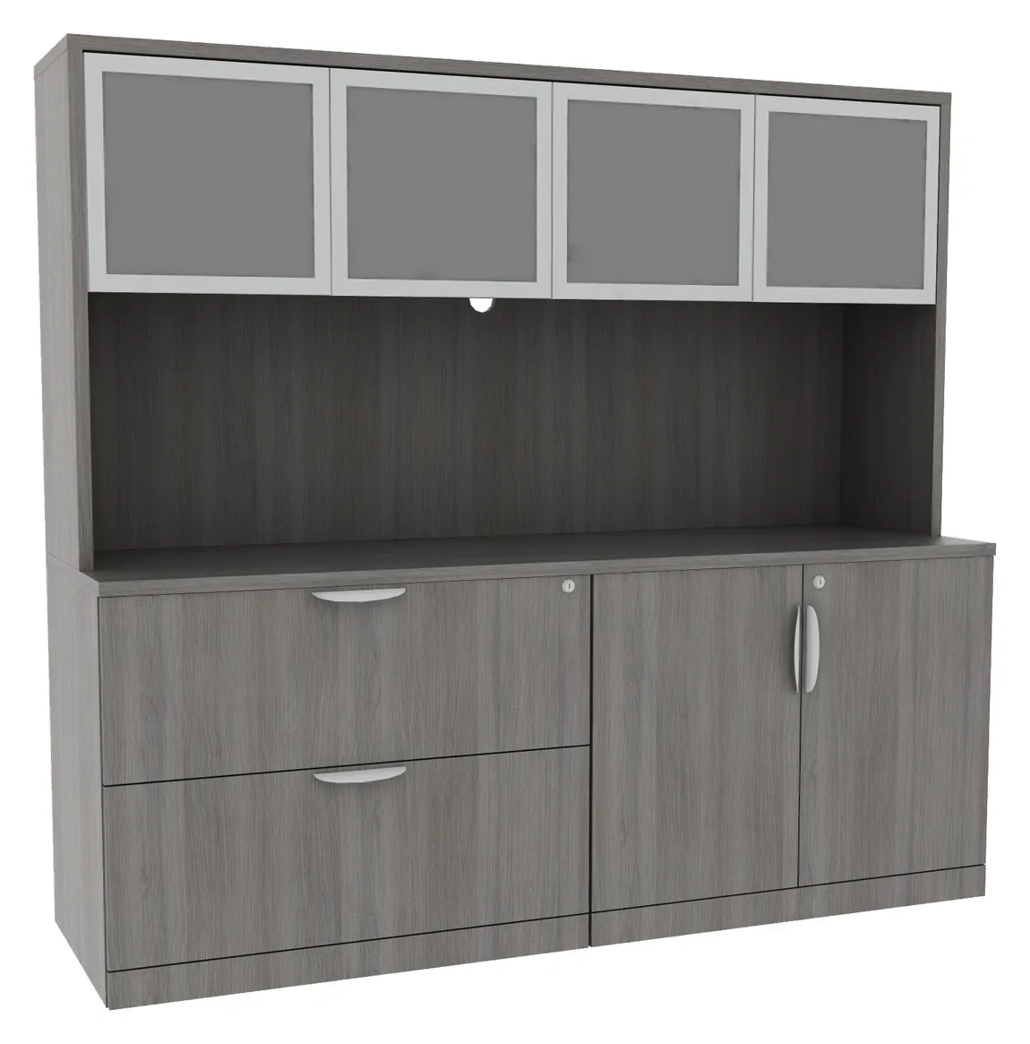 BROOKLYN LAMINATE 2 DRAW LATERAL: 2 DOOR STORAGE CREDENZA WITH HUTCH IN GREY BROOKLYN LAMINATE 2 DRAW LATERAL: 2 DOOR STORAGE CREDENZA WITH HUTCH IN GREY