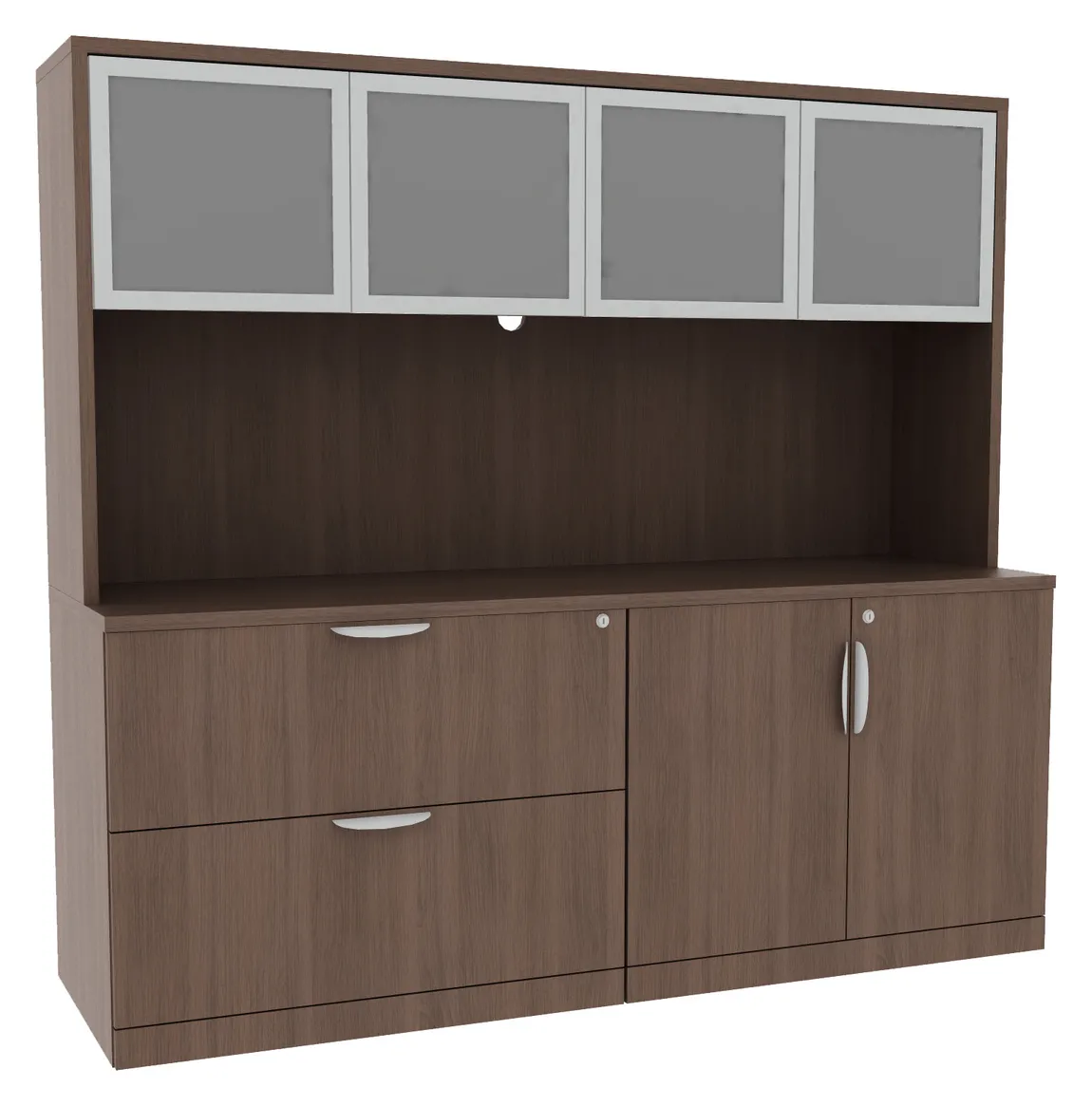 BROOKLYN LAMINATE 4 DRAWER LATERAL FILE CREDENZA WITH HUTCH IN WALNUT BROOKLYN LAMINATE 4 DRAWER LATERAL FILE CREDENZA WITH HUTCH IN WALNUT