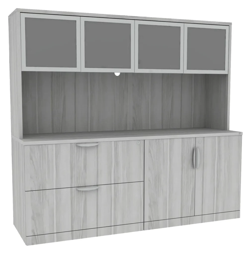 Brooklyn Laminate 4 Door Storage Credenza With Hutch In White Birchwood