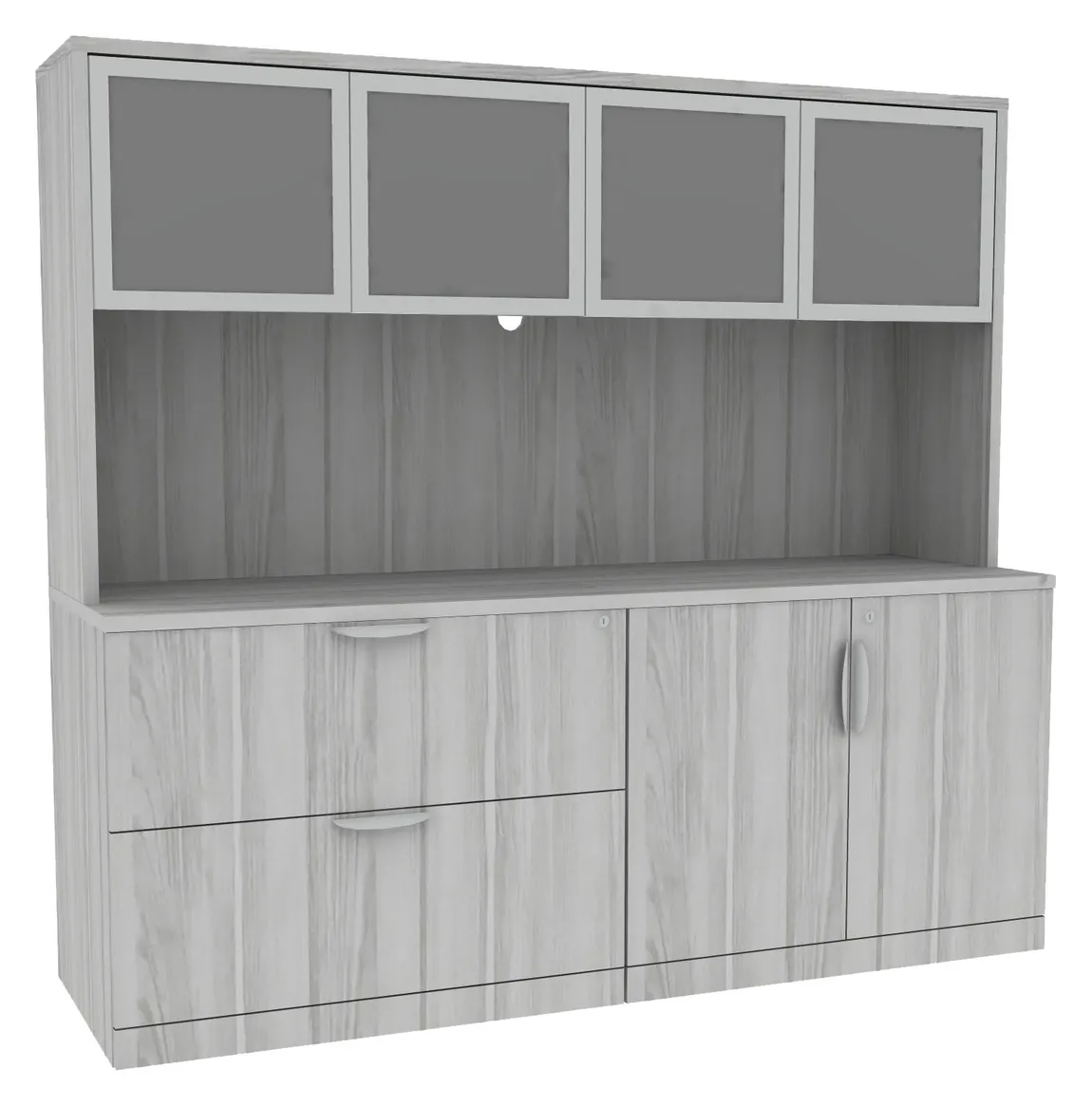 Brooklyn Laminate 4 Door Storage Credenza With Hutch In White Birchwood