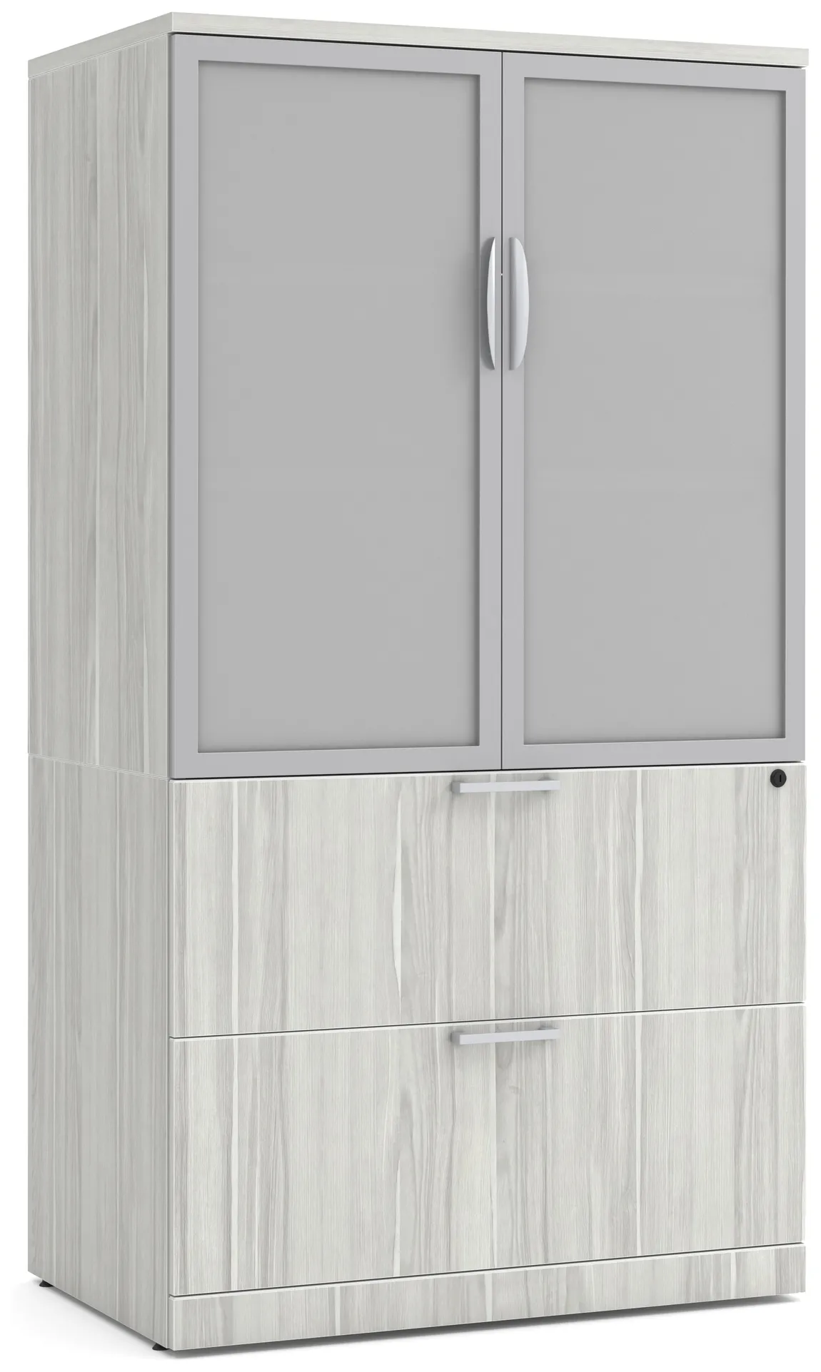 BROOKLYN LAMINATE 2 DRAWER LATERAL FILE WITH STORAGE CABINET GLASS DOORS - Silver Birchwood